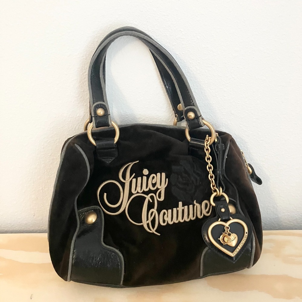 Vintage Black Juicy Couture Purse Tote Bag‎ Handbag Daydreamer Velour Floral Y2K